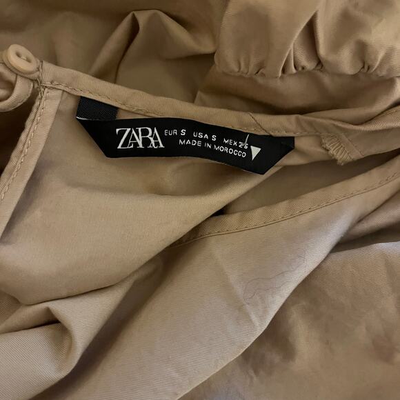 Zara Asymmetrical Hem Poplin Tiered Puff Sleeve Midi Dress Camel Beige Size S - Picture 8 of 8